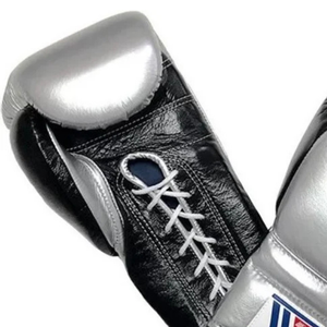 ถุงมือชกมวยแบบผูกเชือก Winning สีเงิน-ดำ หนังแท้ สำหรับฝึกซ้อมและแข่งขันมืออาชีพ ใช้ในโรงยิม ขนาด 8oz 10oz 12oz - Product Image 4