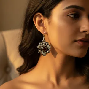 Floral Design 925 Silver Garnet Drop Earrings for Women Fashion Jewelry - Product Image 2