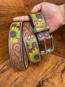New Arrival Genuine Leather Western Hand <b>Tooled</b> and Hand Painted Floral <b>Belts</b> Real Handmade <b>Tooled</b> Leather Unisex Waist <b>Belts</b> - Product Image 4