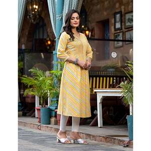 Kurti Recto Lehariya de Algodón Amarillo Hecho a Mano, Estilo Pakistaní, Vestido Indio con Salwar Lehenga, Salwar Kameez Estampado a Mano - Product Image 4