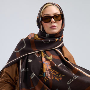 Elegant Long Casual Silk Wool Blend Shawl with Hand Rolled Hem Luxury Equestrian Chain & Leather Belt Motif Floral <b>Pashmina</b> - Product Image 4