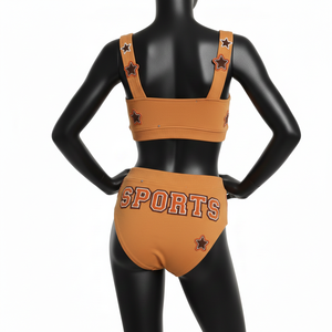 ชุดบิกินี่ผู้หญิง 220 GSM ผ้าโพลีเอสเตอร์ผสมสแปนเด็กซ์เนื้อเนียน สีมัสตาร์ดส้ม ปักลายปะติด พร้อมปักโลโก้ตามสั่ง - Product Image 4