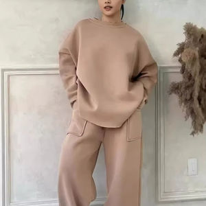 Conjunto de Ropa de Salón de Dos Piezas para Mujer, con Logotipo Personalizado, de Otoño, en Felpa de Poliéster/Algodón de 360g, Transpirable, con Pantalones de Pierna Ancha - Product Image 2