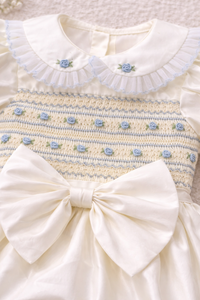 Hand Smocked Baby Girl Bubble Romper with Big Bow, Ivory Infant Toddler Boutique Outfit - Product Image 4