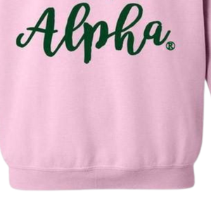 Sudadera AKA Script de cuello redondo, rosa claro con letras verdes, jersey de forro polar de manga larga para hermandad - Product Image 4
