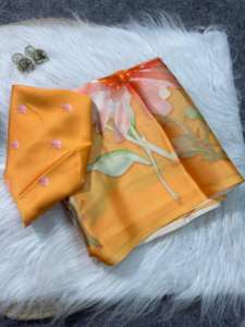 Sari de diseñador con estampado de satén Georgette exclusivo de última moda, Sari indio elegante con blusa, Ropa Étnica más vendida para mujer - Product Image 3