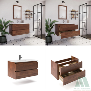 Meuble de salle de bain mural en bois minimaliste moderne avec 2 tiroirs sans poignée prêt à assembler - Product Image 2