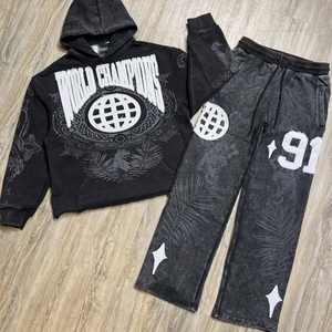 ชุดแทรคสูทผ้าฝ้ายระบายอากาศ พร้อมกางเกงขาบานปักลายแบบดิสเทรส และเสื้อฮู้ดครอป  งานพิมพ์โลโก้คุณภาพพรีเมียมตามสั่ง - Product Image 3