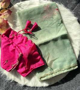 Blouse en soie magnifiquement travaillée et cousue, sari en organza semi-pur avec imprimé, uniquement pour les vêtements indiens et pakistanais - Product Image 6