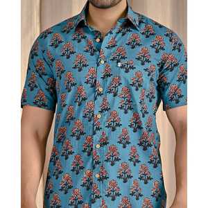 Camisa de Manga Corta para Hombre, Estampado Floral Azul, 100% Algodón, Corte Entallado, Estilo Casual/Esmoquin, Diseño ODM - Product Image 2