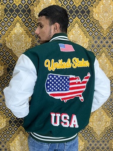 Chaqueta Universitaria Unisex de Diseño Personalizado de Primera Calidad, Cuello Mao, 100% Lana, Mangas de Cuero, Logotipo Frontal en Lona - Product Image 2