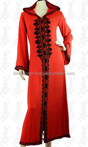 <b>Red</b> Embroided and Hoded Silk <b>Fabric</b> Caftan for Muslim Womens Islamic Clothhing - Product Image 2