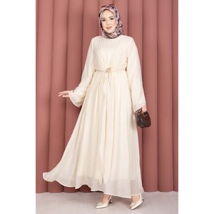 Robe de soirée confortable en mousseline beige avec broche dorée intégrée, boléro, silhouette trapèze, taille empire, longueur ras du sol, pour soirée - Product Image 3