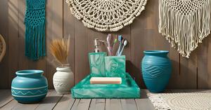 Complete 4-Piece Resin Bathroom Accessory <b>Set</b> Green Vanity Tray with <b>Soap</b> Dispenser and Toothbrush Holders Disposable Features - Product Image 3