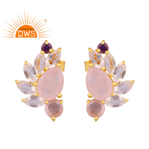 New Arrival 925 Sterling <b>Silver</b> Natural Rose Quartz and Amethyst Gemstone <b>Stud</b> <b>Earring</b> Custom Jewelry Manufacturer - Product Image 1