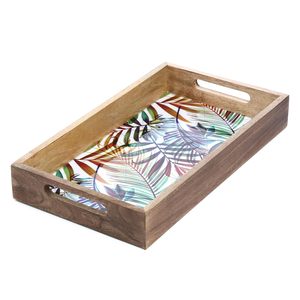 Decorative Wooden Serving Tray Set With Floral Leaf <b>Prints</b> Round Rectangle Clover Shaped Trays For Tea Snacks And Home Decor - Product Image 1