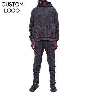 Ensemble de survêtement 2 pièces en coton 100% style vintage, lavage à l'acide, capuche, uni, léger, taille élastique, manches longues - Product Image 1