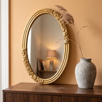 Miroir mural ovale en or antique, cadre floral orné, miroir décoratif, décoration murale dorée classique pour hôtel, chambre à coucher, entrée