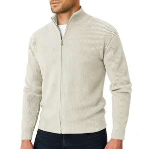 Mens Beige Ribbed Zip Up Knitted Sweater Warm Winter <b>Cardigan</b> Soft Cotton Blend Long Sleeve Casual Fashion Top - Product Image 1