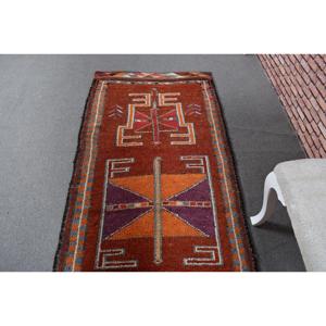 Vintage Herki Runner Rug 2.9x11.7 ft (88x358 Cm) Turkish <b>Brown</b> Patchwork <b>Wool</b> Rug with Latex Backing - Product Image 4