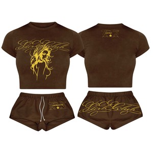 Premium Polyester Spandex Women Booty Set Crop <b>Top</b> Shorts Set <b>Rhinestone</b> Heat Transfer Custom Logo 100% Cotton Women Booty Set - Product Image 6