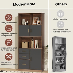 Vitrina Moderna con Cajones, Librería Alta de Madera de Nogal, Vitrina de Exhibición para Sala de Estar, Mueble de Almacenamiento DR577 - Product Image 3