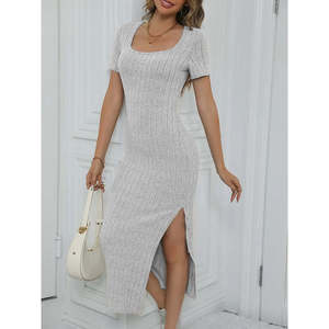 Vestido corto de mujer con cuello cuadrado, abertura lateral y diseño acanalado tipo corsé, 23491 - Gris - Product Image 1