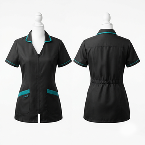 Chaqueta de Barbería para Mujer, Premium, 180 GSM, Polialgodón, Panel de Pecho Estampado Blanco, Uniforme de Salón, Logotipo Personalizado por Transferencia Térmica, OEM - Product Image 2
