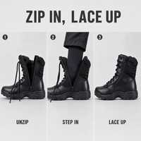 Bottes tactiques mi-mollet en cuir pleine fleur noir, à lacets et fermeture éclair