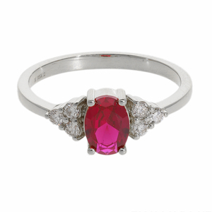 Bague en or blanc 14 carats avec diamant naturel 0.18CTW avec pierre centrale rubis ovale Design élégant à trois pierres Bijoux fins pour femmes et cadeau - Product Image 5