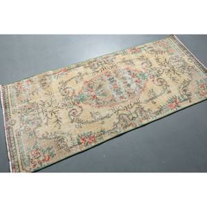 Tapis turc vintage de 29x64 pieds, tapis en laine tissé plat beige et vert avec support en latex pour décorations de salon - Product Image 2