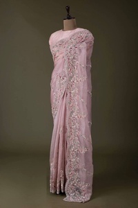 Sari de seda de Organza con hilo Zari codificación lentejuelas trabajo con pieza de blusa de seda saris de Organza puro para mujer ropa de fiesta de boda - Product Image 2