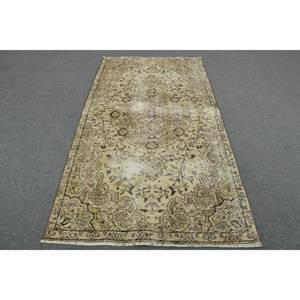 Tapis Turc Classique Vintage Beige 4.2x7.6 pieds Fait à la Main Laine Latex Support Patchwork Motif Table d'Appoint Taille Couloir Rectangulaire - Product Image 1