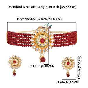 Joyería tradicional para mujer Kundan cristal imitación perla con cuentas nupcial gargantilla collar pendientes conjunto, granate - Product Image 3