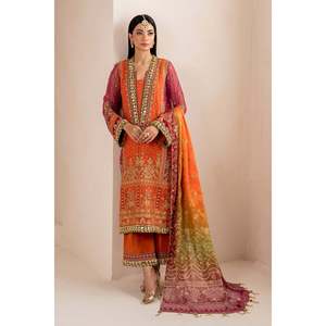 Ensemble de costume 3 pièces en mousseline de soie brodée orange pour femmes UF-706 (100% polyester) - Product Image 3