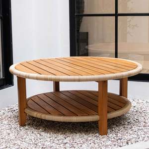 Xiorese Adjustable Height Modern Round Teak Wood <b>Coffee</b> <b>Table</b> with Rope Wrapping for Outdoor Patio <b>Garden</b> Living Room Furniture - Product Image 2