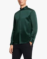 Baju Satin pria Premium biru laut berkilau mewah Floral Jacquard sutra seperti Lengan Panjang baju modis kasual Streetwear