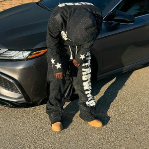 Rhinestone ácido lavado Zip Up Sudadera con capucha y Joggers Distressed Black Zip Up Conjunto completo Sudadera con capucha y Joggers Conjunto de pantalones de chándal - Product Image 6