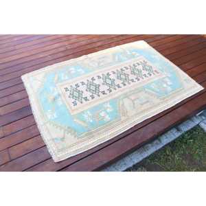 Alfombra Turca Pequeña de 3x4.4 pies (91x135 cm), Alfombra de Lana Azul Vintage con Diseño Abstracto - Product Image 2