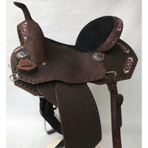 Selle de baril western de designer en cuir marron, faite à la main, avec siège rembourré en daim et motif de perles tissées, en provenance de fabricants OEM - Meilleures ventes - Product Image 1