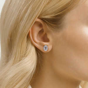 925 <b>Silver</b> Oval Cut Halo <b>Stud</b> <b>Earrings</b> With Diamond Look Stones Classic Sparkling Jewelry <b>For</b> <b>Women</b> Elegant Daily Wear Gift - Product Image 3