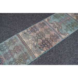 พรมวินเทจ Herki ขนาดเล็ก 2.4x9.9 ฟุต (73x303 ซม.) พรมขนสัตว์ลายเรขาคณิตสีเทอร์ควอยซ์แบบตุรกี - Product Image 2