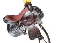 Selle de cheval Western anglaise en cuir véritable façonnée à la main, avec siège rembourré, motifs floraux sculptés, tapis de monte cowboy, et bride de cheval antichoc