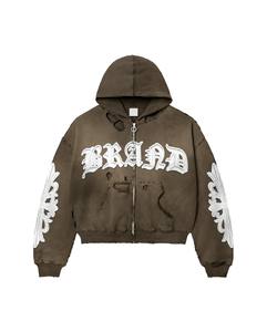 Custom Design Winter Oversized Hoodie Drop Shoulder Distressed Zip-Up with Embroidery and Digital Printing - Product Image 3