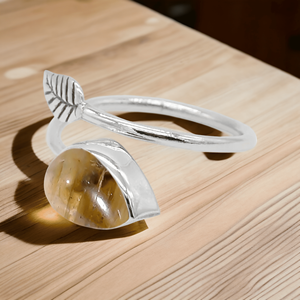 925 Sterling Silver Adjustable Band <b>Dainty</b> Pear Cabochon Original Tiger Eye Gemstone With Leaf Style <b>Ring</b> Wholesale Bulk - Product Image 3