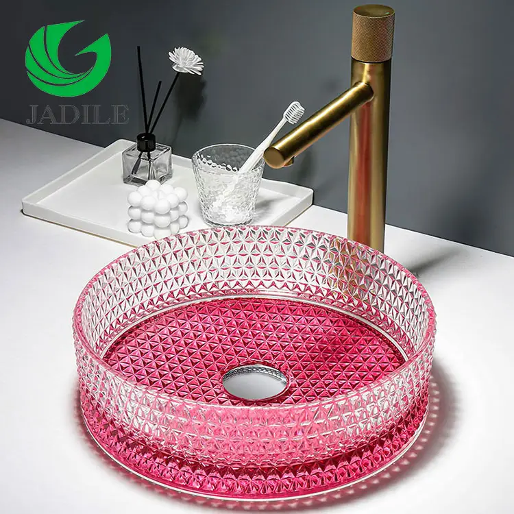 Bagno all'ingrosso sopra il bancone Lavabo rotondo artistico Lavabo Lavabo in vetro temperato trasparente rosa