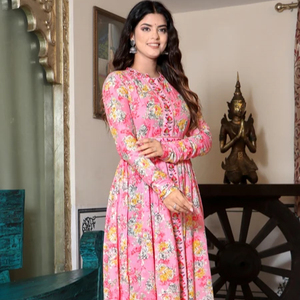 Conjunto de Kurti Indio Bandhani de Algodón Estampado para Mujer, de Verano, con Cuello en V, Manga Larga, Largo hasta la Rodilla, Corte en A, Hecho a Mano, Precios al por Mayor OEM - Product Image 1