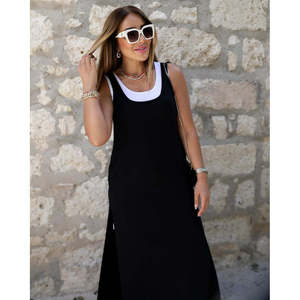 Ensemble robe et débardeur en viscose à bretelles et col rond pour femme avec poches et détail fendu, 36850 - Noir - Product Image 6