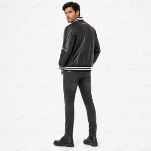 Men's Black PU Leather Bomber Jacket With <b>Patch</b> Design Zipper Closure Turn-down Collar <b>Slim</b> Fit Autumn Wear - Product Image 4