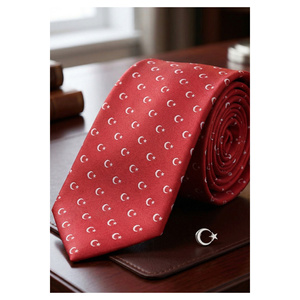 Cravate en microfibre imprimée par transfert thermique, motif croissant blanc et étoile rouge, drapeau turc, style Turquie pour hommes - Product Image 3
